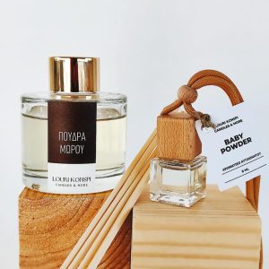 Σετ Δώρου με Αρωματικό Αυτοκινήτου 8ml και Reed Diffuser 100ml με Άρωμα Πούδρα Μωρού