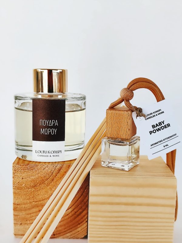 Σετ Δώρου με Αρωματικό Αυτοκινήτου 8ml και Reed Diffuser 100ml με Άρωμα Πούδρα Μωρού
