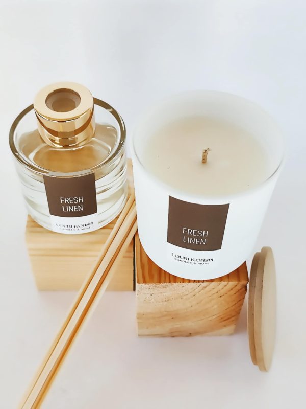 Σετ Δώρου "Pure Serenity" - Φυτικό Κερί Σόγιας & Reed Diffuser με Άρωμα Fresh Linen - Image 2
